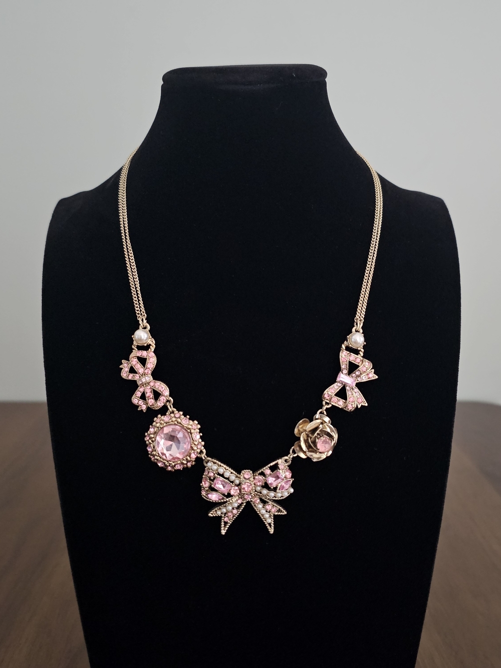 Betsey Johnson Gold-Tone Pink Crystal Bow Statement Necklace